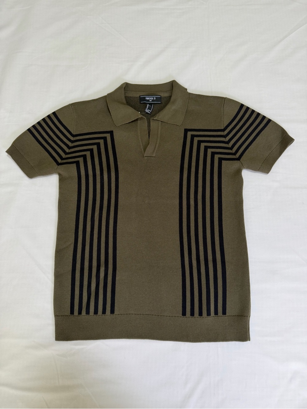 Forever21 Olive Green Short Sleeve Polo with Black Geometric Stripes